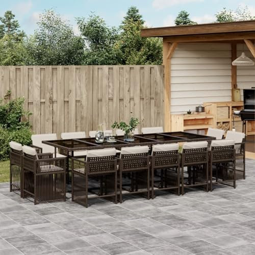 Homgoday 15-TLG. Garten-Essgruppe mit Kissen Gartenmöbel Set Balkonmöbel Sitzgruppe Gartenstuhl mit Tisch, Terrassenmöbel Gartengarnitur Sitzgarnitur Braun Poly Rattan
