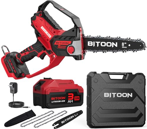 BITOON Mini tronçonneuse de 20,3 cm avec batterie de 3,0 Ah et chargeur, auto-huileur, sans fil, sans balais de 20,3 cm et 15,2 cm, tronçonneuse électrique portable pour couper du bois de chauffage,