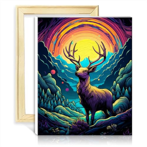 LiHEQING Ölgemälde-Set auf Leinwand, farbiger Hirsch, für Kinder und Erwachsene, Malen nach Zahlen-Sets, Malerei, Kunsthandwerk, ohne Rahmen (60 x 75 cm)