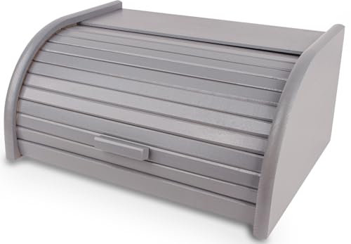 Wooden World Small grey wooden bread box equipped with a shutter-style opening mechanism. Durable construction, natural material, timeless elegance, available in different versions