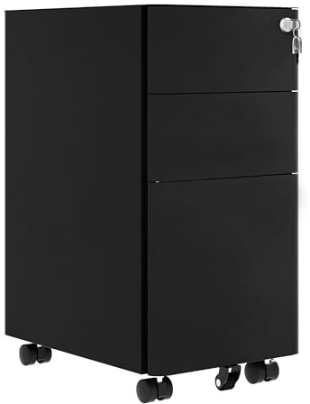 DWVO 3-Drawer lockable Filing Cabinet Office Drawers with Keys, Compact Slim Portable Metal File Cabinet, Pre-Built Office Storage Cabinet for A4/Letter/Legal, 30 x 45 x 61cm, Black