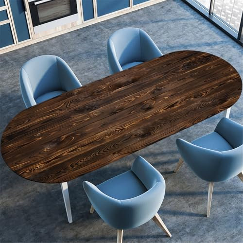 Odot Waschbare Elastische Runde Tischdecke Oval Abwaschbar Spanntischdecke Oval Gartentischdecke Outdoor Tischdecke mit Gummizug, 3D holzmaserung (Braun,91x152cm)