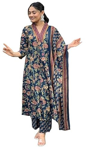 Sambhav Quilt Hub Women's Pure Block Print Cotton Handwork V Neck Kurta with Pants and Dupatta Set, Blue, XXL