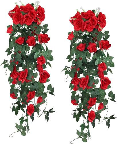 comvastars 2er-Pack künstliche Hängepflanzen mit violetten Rosen, Wanddekoration für Zuhause, Garten, Hängedekoration (Rot)