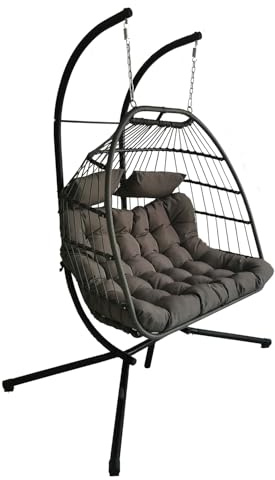 Double Seats Foldable Rattan Swing Chair Hammock with Steel Stand Weather-Resistant Hanging Chair for Patio Garden Indoor Outdoor (Double Grey Ratten Hanging Chair with Dark Grey Cushion)