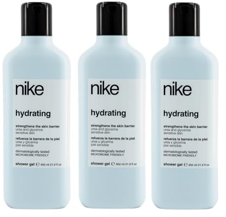 NIKE - Gel de Baño Hidratante 3x650 ml, Pack 3, Gel Ducha, Hidratación, con Urea y Glicerina, Refuerza la Barrera de la Piel, Fórmula Respetuosa con el Microbioma Cutáneo, Cuidado Avanzado de la Piel