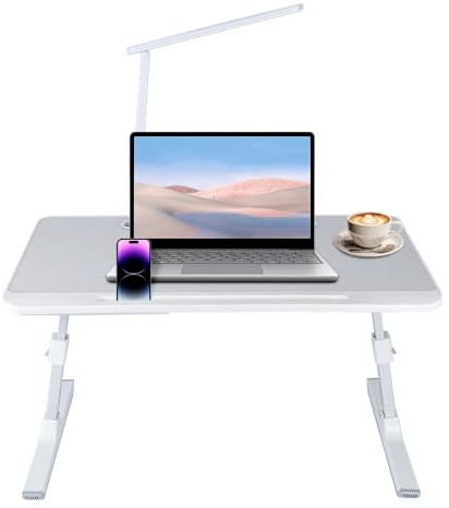 Table de Lit Portable avec Lampe LED et Tiroir, Bureau d'ordinateur Portable pour Canapé, étude et Lecture, Hauteur Réglable, avec 3 Angles Réglables （Gris）