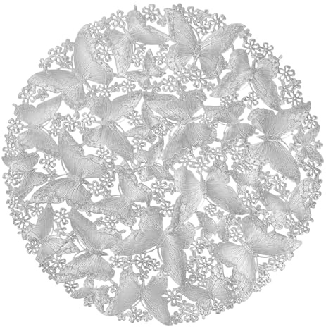 fanquare Tovagliette Rotondo 38cm Argento in Vinile Lampeggiante 6 Pezzi Design a Vuoto con Fiori e Farfalle, Antiscivolo e Lavabile, Ideale con Tappetino per Matrimoni, Feste e Cene