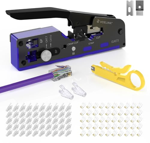 VCELINK Upgraded Pass Through RJ45 Crimp Tool Kit for CAT7/6/5 End | Professional All-in-One Network Crimper | with 50PCS Cat6 RJ45 Connectors & Strain Relief Boots