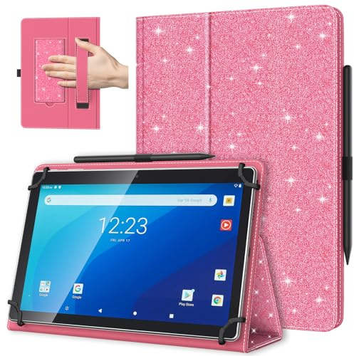 TiMOVO Custodia Universale per Tablet Android 10,1 con Anello per Penna, Cover Leggera e Pieghevole in Piedi con Cinghia a Mano per Tutti i Tablet Touchscreen da 9,6-11, Rosso Anguria con Glitter