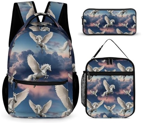 peiyeety Mochila para portátil con lonchera y neceser de maquillaje, mochila de viaje con lonchera (caballo volador)