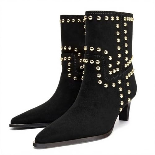 BANGTEUO Womens Suede Studded Kitten Heel Ankle Boots Fashion Pointed Toe Pull On Low Heel Mid-Calf Booties For Party Prom Dressy Dating (Black,numeric_9)