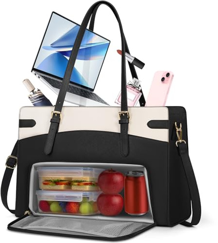 RAINSMORE Lunch Tote Bag for Women 15.6 inch Laptop Bags with Insulated Lunch Compartment PU Work Bag for Teacher Office,Black