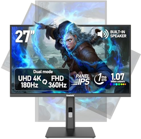 Gawfolk Écran d'ordinateur de jeu IPS 27, UHD 3840 x 2160 4K 180 Hz/FHD 360 Hz double mode, 1,07 milliard de couleurs, synchronisation adaptative, hauteur réglable, haut-parleur intégré, HDMI 2.1 et