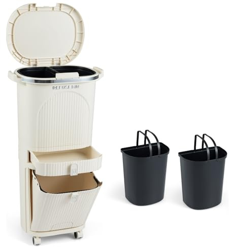 GIANTEX Cubo de Basura de Cocina 42L, Papelera de Reciclaje Vertical con Ruedas, 3 Cubos Extraíbles, 1 Cajón y Ganchos, Contenedor de PP con Tapa y Pedal, para Oficina, Baño (Crema)