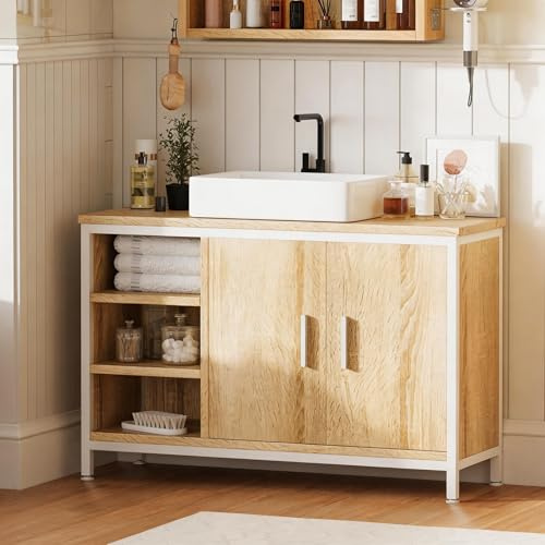 ELUCHANG Meuble Salle de Bain, Meuble sous Lavabo, Étagères Réglable, Compartiments Fermés,Meuble de Rangement, Meuble Vasque Salle de Bain,90x30x60cm,Chêne Clair+Blanc
