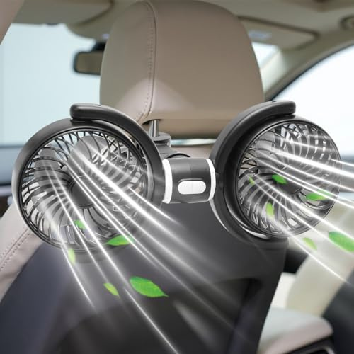 CEWROM Ventilador de coche para asiento trasero, ventiladores traseros ajustables, doble cabezal USB, ventilador portátil, giratorio 360 grados, adecuado para asientos traseros, caravanas, camiones