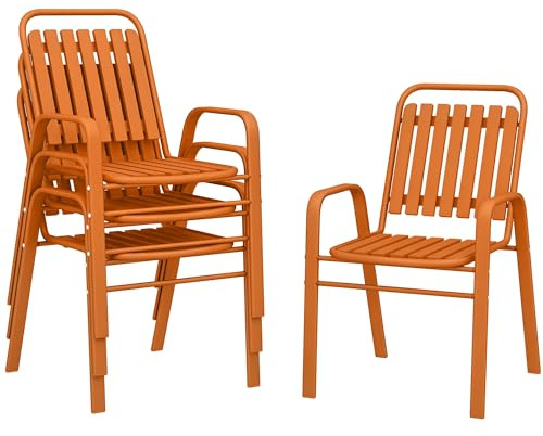 Outsunny Set 4 Sedie da Giardino Impilabili con Schienale Alto e Braccioli, Sedie da Esterno in Plastica PP e Acciaio, da Patio, Balcone, Terrazza, Esterno e Interno, 56x66x91 cm, Arancione