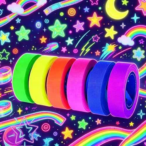 Ruban Fluorescent Néon 6 Couleurs 15mmx5m Bandeau Fluo Autocollant Fête | Soirée phosphorescent, gaffer noir UV,décoratif réfléchissant, accessoire évènement, déco nightclub lumineux