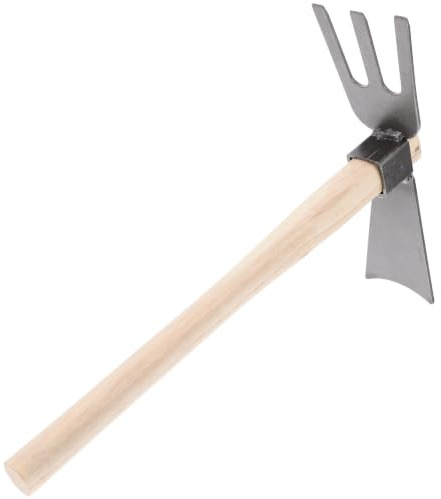 HINTRMENT Rastrillo de Mano y Azada de Doble Cabeza Mango de Madera Resistente para Jardinería, Herramienta Agrícola Multifuncional para Labrar Tierra y Cuidar Huerto