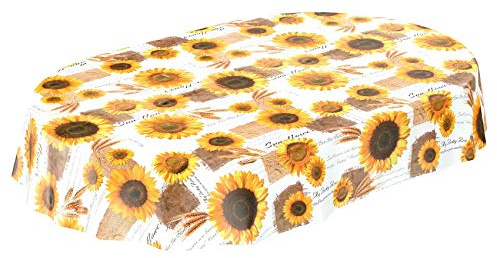 ANRO Tischdecke Wachstischdecke Wachstuch Wachstuchtischdecke Sonnenblumen Sommer Weizen Oval 180 x 140cm, Schnittkante, 140 x 180cm