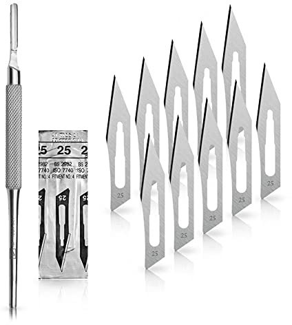Set - 10 Stück Skalpellklingen Figur 25 aus Karbonstahl - Ersatzklingen einzeln steril verpackt + 1x May - Skalpell-Halter mit rundem Griff - Edelstahl | Flexibles Instrument für Handwerk und Kosmetik. Ideal für dynamische Arbeiten.