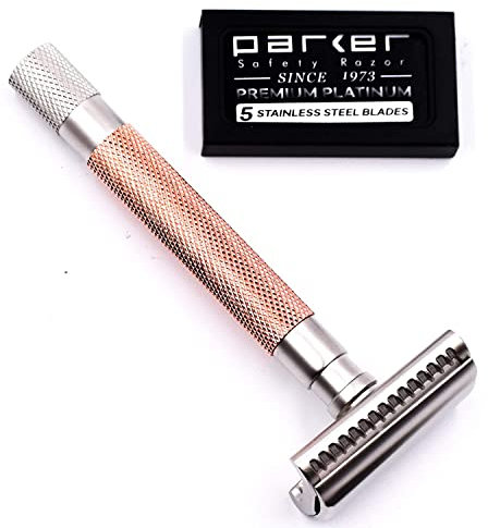 Parker - Maquinilla de afeitar semiinclinada de seguridad, acabado en oro rosa, elegante, para mujeres y hombres con piel sensible, cabeza inclinada + 5 cuchillas Parker para resultados suaves, marca