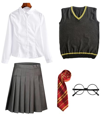 FStory&Winyee Zauberer Zubehör Set Kinder Erwachsene Fanartikel Fasching Outfit Zubehör Set Krawatte, Hemd/Bluse, Rock, Weste, Brille