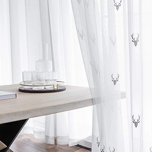 2 Stück Vorhang Voile Hirsch Stickerei Tüll Transparent Gardinen Kräuselband Fensterschal für Wohnzimmer Schlafzimmer Balkon Vorhänge,W200xL250cm