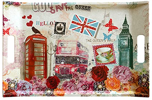 Lashuma rechteckiges Serviertablett Melamin, Buntes Kunststofftablett groß 47x31 cm, Motiv: London