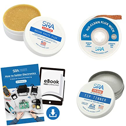 SRA-Löt-Upgrade-Set – in den USA hergestellt, keine saubere Elektronik-Flussmittel-Lötpaste, bleifreie Spitze für die Eisenwartung, Entlötdocht, 248.9 cm und Anleitung zum Löten von PDF-Anleitung