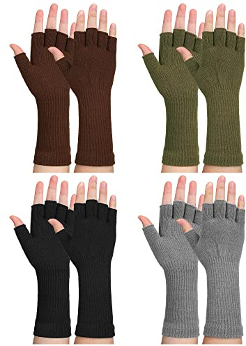 Eurzom 4 Pairs Winter Fingerless Gloves for Men Women Knit Long Cuff Stretchy Typing Warm Half Finger Gloves for Driving Working Office