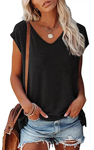 Bluse Damen Elegant ärmellose t-Shirt Tops Shirt Oberteile Frauen Schwarz Kleidung Frau Sommer Shirts Top Damen V-Ausschnitte Tshirt Casual Rundhals Klamotten Teenager Mädchen
