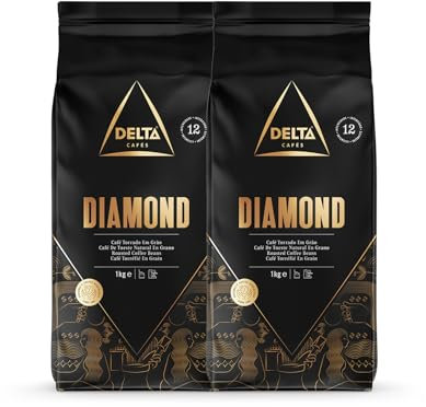 Delta Cafés - Café en Grano Diamond - 2 Paquetes de 1 Kg - Intensidad 12 - Mezcla de Granos de Café Tostados Arábica y Robusta - Muy Aromático con Notas de Nueces Tostadas