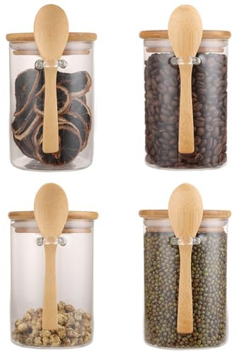 4 bocaux à provisions avec couvercle et cuillère 450ml Overnight Oats Bocaux 8,5x12cm Récipients en verre étanches à l'air avec couvercle rond, Récipients en verre réutilisables pour aliments, épices