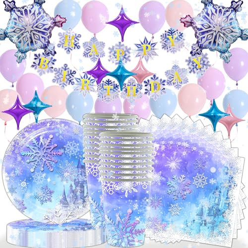 88pcs Schneeflocke Partygeschirr Kindergeburtstag Party Deko, Baby Shower, Tischdekoration im Winterwunderland,Schneeparty-Dekorationsset, Schneeballons