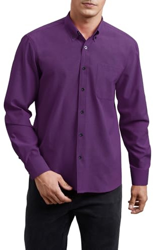 HISDERN Men's Oxford Shirt Purple Long Sleeve Button Down Shirts Casual Smart Shirt with Pocket for Formal Business Regular Fit L
