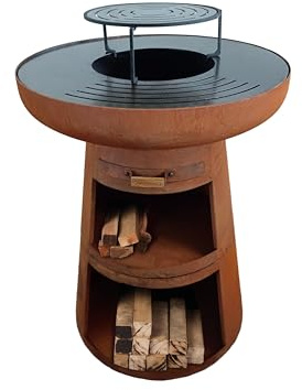 PUR LINE | Barbacoa de acero corten Purline EFP55R con parrilla de acero inoxidable y función brasero – Barbacoa Diámetro 60 cm, incluye funda impermeable, cajón cenicero y espacio inferior para leña