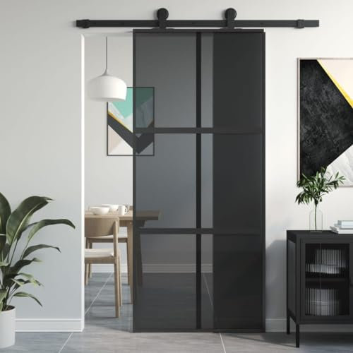 Gecheer Porta,Scorrevole,Kit Montaggio,in Vetro ESG e Alluminio,Nero e Trasparente Scuro,90x205 cm,con Griglie 3x2,Porte Sorrevoli,Porta Scorrevole in Vetro e Alluminio