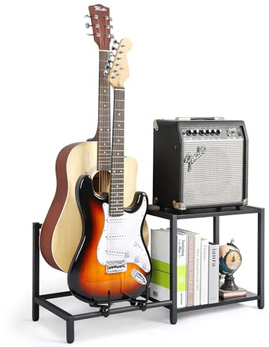 Bikoney Gitarrenständer, 2-stöckiger Gitarrenständer Boden mit Gitarrenverstärkerständer, Gitarrenständer für mehrere Gitarren und Gitarrenzubehör, verstellbarer Gitarrenhalter, Gitarrendisplay für