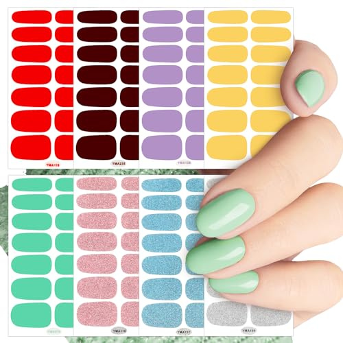 JSRQT 8 ark nagelkonst klistermärken gör-det-själv glitter full nagelwraps självhäftande halvhärdade nagelklistermärken nagelklistermärken med nagelfilar självhäftande manikyrklistermärken manikyr