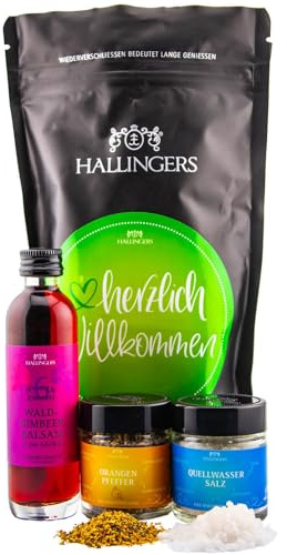 Hallingers Genuss Manufaktur Feinkost Glückwunsch-Geschenk-Set - wertig in der Wundertüte Herzlich willko... kleiner Willkommensgruß Pfeffer, Salz & Himbeerbalsam, Geschenkidee für Frauen Männer