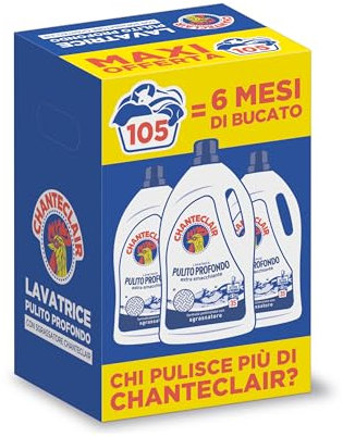 Chanteclair - Detersivo per Lavatrice Pulito Profondo, Rimuove le Macchie più Difficili, Bucato Pulito e Duraturo - 3 Flaconi da 1575 ml