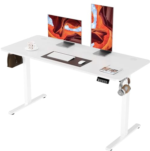ERGOMAKER Elektriskt Ståbord, Elektriskt höj- och sänkbart skrivbord, sitt och stå, litet minne, skrivbordsskiva för dator, hemmakontor (Vit, 140x60 cm)