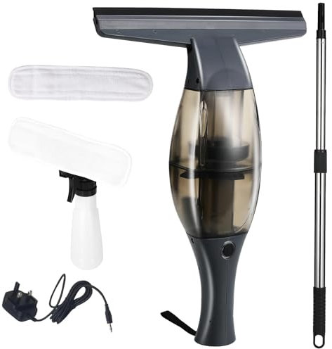 Window Vacuum Cordless Window Vac with Telescopic Handle, Spray Bottle and 280mm Blade, Suitable for Windows, Tiles, Mirrors and Glass, Electric Window Cleaning Helper, Black