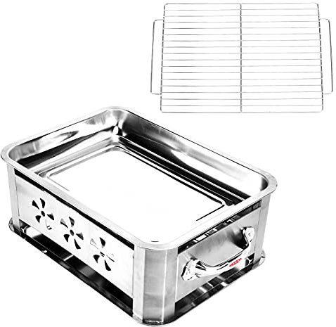 Akozon Grill de Barbecue épaissi Moins Acier Poêle à Poisson Grillé Gril à Charbon de Bois Gril Rectangulaire Support à Poisson ventilé avec Poignée de Traction Accessoires