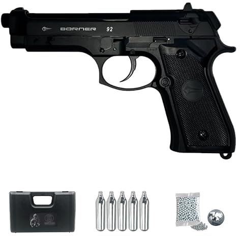 Borner 92 Blowback CO2 (4,5 mm)| Pistola de Aire comprimido Calibre 4,5mm + 5CO2 + 500 Bolas BB´s + maletín. Pistola con blowback.