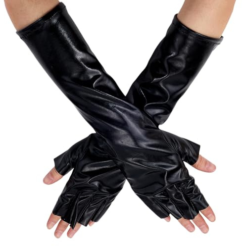 CABODYALS 1 Pair Long Patent Faux Leather Black Gloves Fingerless Metallic Punk Glove Costumes Sexy Half Finger Rock Stage Cool Mittens Bulk for Women Party Cosplay Performance Birthday Halloween