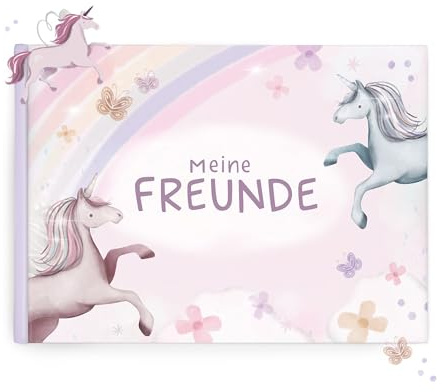 mintkind® Schulfreundebuch Einhorn – Freundebuch Grundschule für Mädchen mit handgemalten Illustrationen, 30 Freundeseiten, Geburtstagskalender, Malrätsel, stabiles Hardcover DIN A5 Querformat