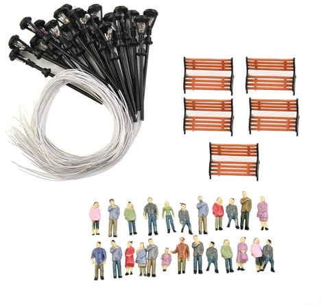 Daaxing Lot de 49 figurines peintes à l'échelle HO OO, Bancs et lampadaires pour décor de paysage ferroviaire, 24 figurines peintes, 5 bancs, 20 lampadaires